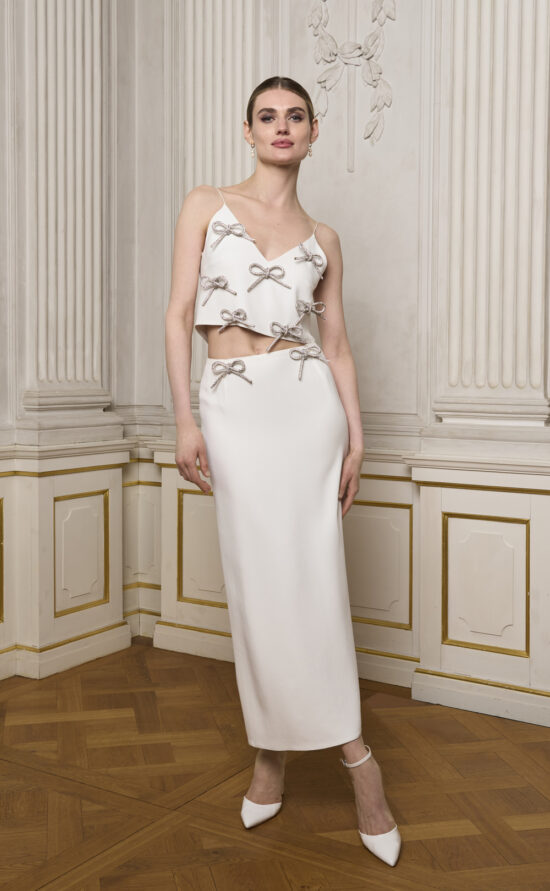 kisui Berlin Brautmode Standesamt Partydress Schleifen Glitzer Cool Lässig modern Rock Top Bridal Look modern Statement Civil Wedding