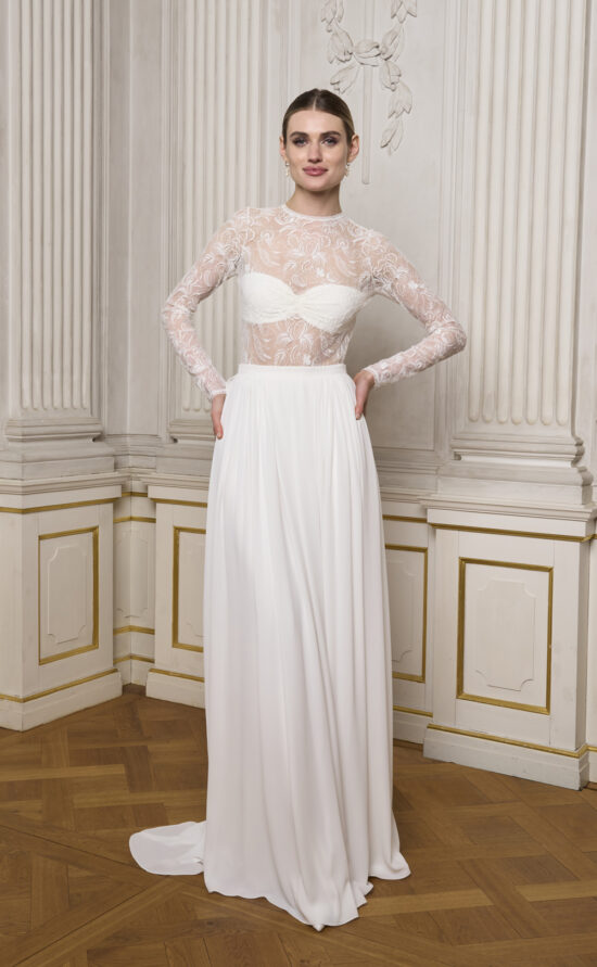 kisui Berlin Brautbody moderner Bridal Look Lange Ärmel Long Sleeve Bridal Look Bridal Seperates Two Piece Zwei-Teiler Brautmode nachhaltig recycelte Stoffe Spitze sustainable french lace